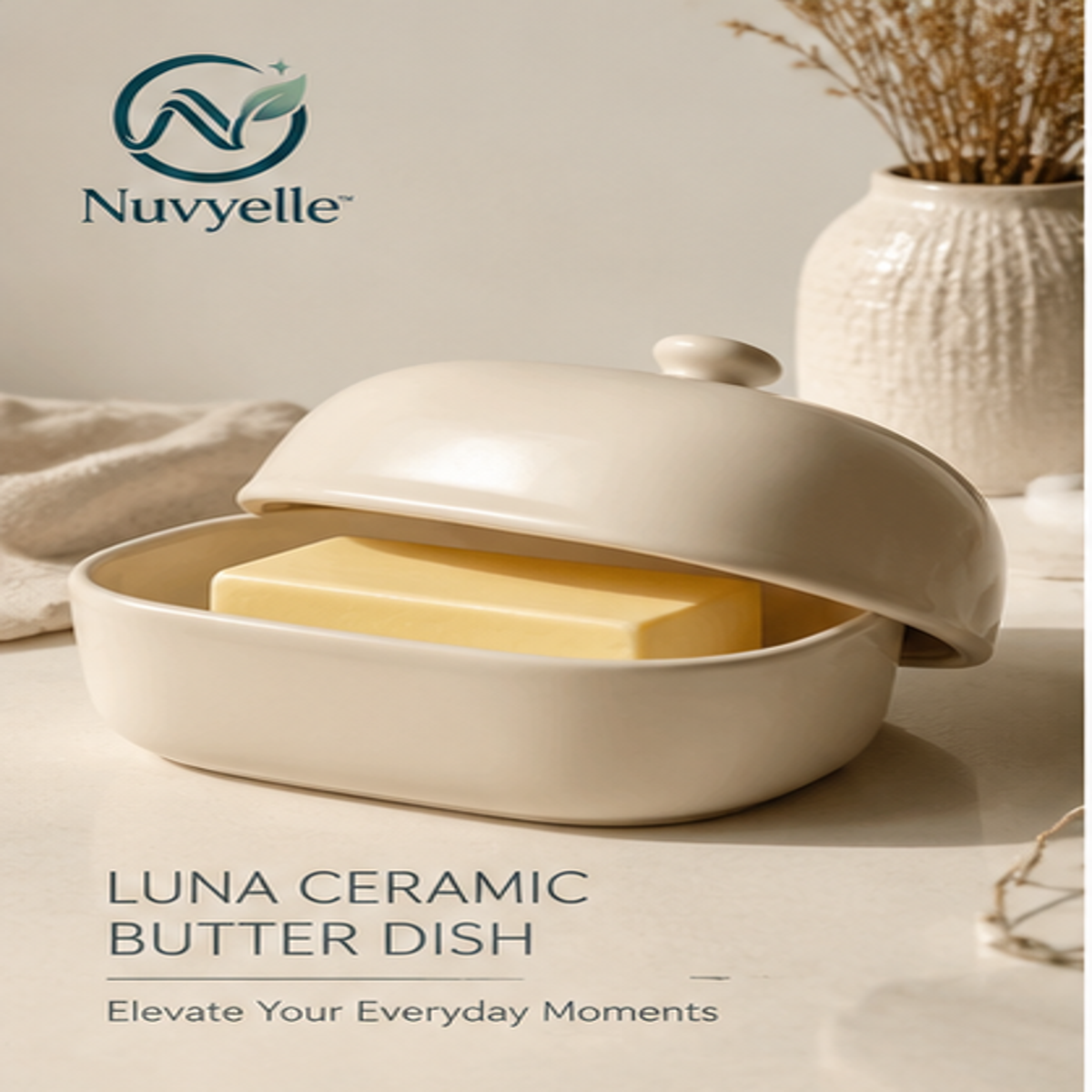 Nuvyelle™ Luna Ceramic Butter Dish with Lid, Minimalist Kitchen Counter Storage Container, Modern Farmhouse Butter Keeper, Elegant Porcelain Food Storage Jar
