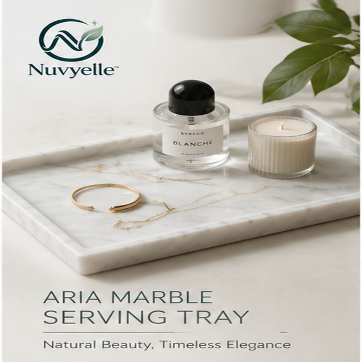 Nuvyelle™ Aria White Marble Serving Tray, Minimalist Coffee Table Decor Tray, Luxury Kitchen Counter Organizer, Modern Dessert Display Plate