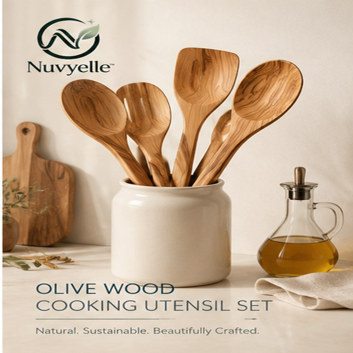 Nuvyelle™ Olive Wood Kitchen Utensil Set, Handmade Wooden Cooking Tools, Sustainable Minimalist Kitchen Accessories, Rustic Modern Chef Essentials