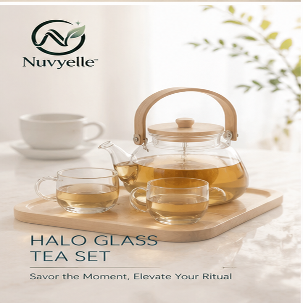 Nuvyelle™ Halo Glass Tea Set with Wooden Handle, Minimalist Tea Cup Collection, Modern Clear Glass Drinkware, Elegant Kitchen Gift Set